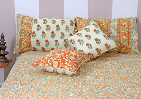 40s Cotton Pillow Cover in Lotus Block Print with Magji Flap